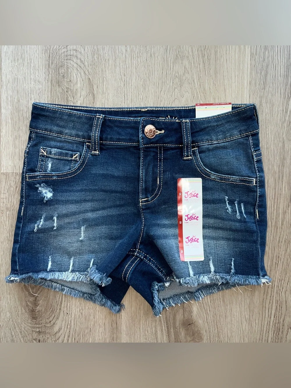 Justice Girls Distressed Classic Denim Jean Shorts Raw Hem Size 10 Soft Stretchy